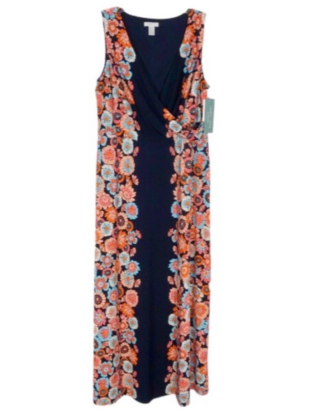 London Times Maxi Sleeveless Floral Jersey Dress, Navy & Pink, Size IX